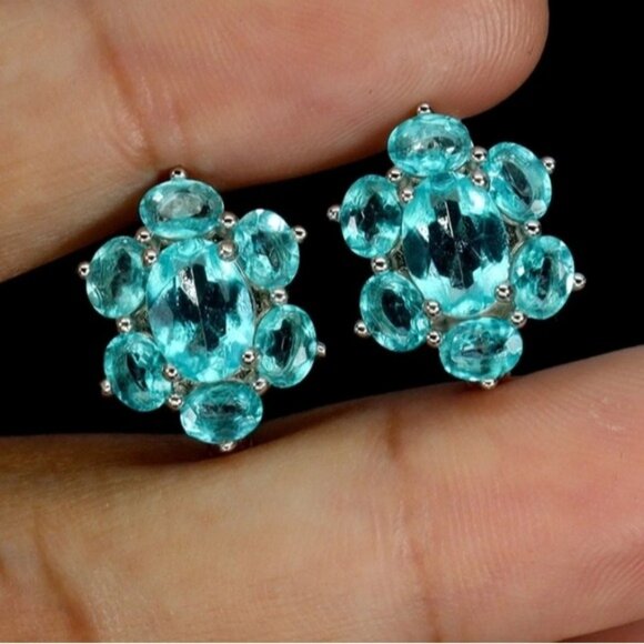 925 Sterling Silver Earrings with Natural Paraiba Blue Topaz 7x5mm Gemstone - Picture 6 of 6